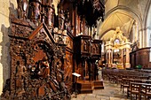 France,Maine et Loire,Angers,Saint Maurice cathedral,sculpted chair by abbot René Choyer and high altar and its canopy