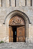 France,Vaucluse,regional natural reserve of Luberon,Saignon,the door of Notre-Dame de Pitié Church or Sainte-Marie de Saignon from the 12th century