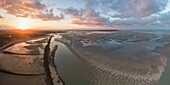 France,Pas de Calais,Berck sur Mer,Flight over the Bay of Authie and Berck sur Mer at dawn at low tide (aerial view)