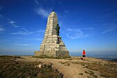 France,Haut Rhin,Guebwiller,hiker around the monument of blue devils at the top of the Grand Ballon de Guebwiller