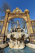 France,Meurthe et Moselle,Nancy,Stanislas square (former royal square) built by Stanislas Leszczynski,king of Poland and last duke of Lorraine in the 18th century,listed as World Heritage by UNESCO,fountain Amphitrite (1751) by Barthelemy Guibal,iron works by Jean Lamour