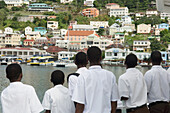 Caribbean,Carriacou and Petite Martinique Ferry,Grenada,Grenada,Local schoolboys admire St George's harbor onboard Osprey Express