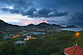 Grenadines,Grenada,Carriacou Island,Elevated view of town at dusk,Hillsborough