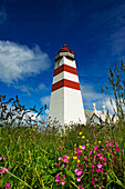 Norway,Moere og Romsdal,Low angle view of Alnes lighthouse near Alesund,Godoy Island