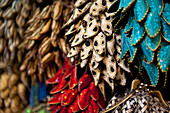 Morocco,Colorful keyrings of babouche slippers for sale in souks,Fez