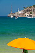 Spain,I Love Mallorca' umbrella on beach of Port Soller,Majorca