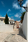 Spain,Ibiza,Looking down alley in Dalt Vila,Ibiza Town