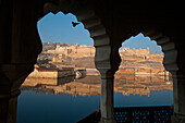 India,Rajasthan,Looking out of archways to Amber Fort,Jaipur