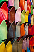 Morocco,Colorful selection of Babouche slippers for sale in souk,Marrakesh
