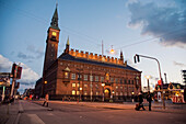 Denmark,View of city hall and square at dusk,Copenhagen