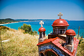 Greece,Halkidiki,Miniature church shrine overlooking Mediterranean sea,Sithonia