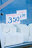 Greece,Feta cheese for sale at cheese monger,Thessaloniki