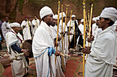 Ethiopia,Ethiopian Orthodox deacons wearing Shamma tunic in the courtyard of A