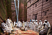 Ethiopia,Ethiopian Orthodox deacons wearing Shamma tunic in the courtyard of A