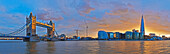 UK,City Hall and Tower Bridge at sunset from River Thames,London,Panoramic view of Shard