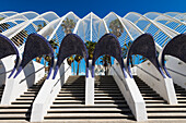Blick auf Regenschirm und Bäume in der Ciudad De Las Artes Y Las Ciencias (Stadt der Künste und Wissenschaften), Valencia, Spanien