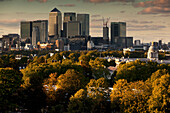 View Of Canary Wharf From Greenwich Park In Autumn,London,England,Uk