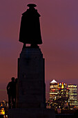 General Wolfe Statue In Greenwich Park At Night With Canary Wharf In Background,London,England,Uk