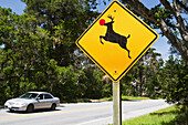 Deer Crossing Sign With Red Nose,California,Usa