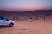 Geländewagen in der Wüste, Liwa Oase, Abu Dhabi, Vereinigte Arabische Emirate