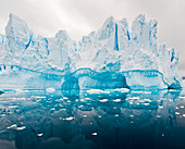 Sea ice floats in Neko Harbor in the Southern Ocean,with tunnels formed in the blue ice in the background,Antarctica