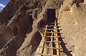 Ladder leads to an ancient Indian cliff dwelling in Bandelier National Monument,New Mexico,USA,New Mexico,United States of America