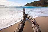 Close-up of driftwood at the water's edge with the foamy surf rolling onto the beach and a view looking out to the sea from Cane Garden Bay,Tortola,British Virgin Islands,Caribbean