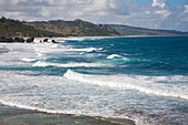 Scenic view with person swimming in the large surf at the beach in Bathsheba,Bathsheba,Barbados,Caribbean