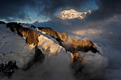 Mont Blanc rises in the distance behind craggy peaks and ridges,Chamonix,France