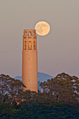 Coit Tower auf Telegraph Hill, San Francisco, bei Sonnenuntergang zum Aufgang des Vollmondes, San Francisco, Kalifornien, Vereinigte Staaten von Amerika