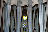 Interior view of columns and stain glass windows in Gaudi's Sagrada Familia Cathedral,Barcelona,Spain