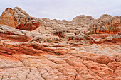 Weite, Navajo-Sandstein-Felsformationen, die als Brain Rocks bezeichnet werden, unter einem bewölkten Himmel in der wundersamen Gegend von White Pocket mit ihren fremdartigen Landschaften aus erstaunlichen Linien, Konturen und Formen, Arizona, Vereinigte Staaten von Amerika