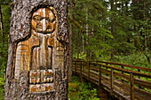Von einem indianischen Künstler geschnitzter Baumstamm in Bartlett Cove im Glacier Bay National Park, Alaska, Vereinigte Staaten von Amerika