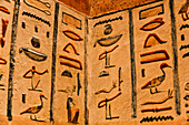 Nahaufnahme von Basrelief-Hieroglyphen an den Wänden des königlichen Grabes von Ramses IV, Tal der Könige, Theben, UNESCO-Weltkulturerbe, Ägypten, Nordafrika, Afrika