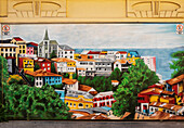 Colourful mural of a city painted on a wall,Cerro Alegre,Valparaiso,Valparaiso Region,Chile