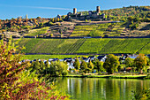 Alte Steinburg auf dem Gipfel eines Flusstals mit Reihen von Weinbergen an steilen Hängen und einem Dorf am Flussufer mit blauem Himmel,Alken,Deutschland