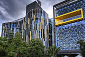 Einzigartige und moderne Architektur und Fassade des ASB Bank Head Office in der Jellicoe Street, Wynyard Quarter, Auckland, Auckland Region, Neuseeland