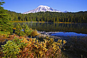 Schneebedeckter Mount Rainier, mit herbstlicher Vegetation am Ufer und Spiegelungen im Wasser des Reflection Lake, Washington, Vereinigte Staaten von Amerika