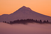 Peak of Mount Hood against glowing orange sky above the clouds at sunset,Mount Hood National Forest,Happy Valley,Oregon,United States of America