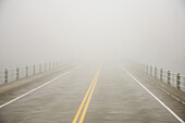 A two-lane road lined by guardrails obscured by fog,Mount Rainier National Park,Washington,United States of America