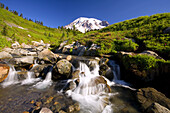 Wasserfall in einem Bach mit Mount Rainier in der Ferne, Mount Rainier National Park,Washington,Vereinigte Staaten von Amerika