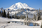 Mount Rainier and Tipsoo Lake covered in snow in winter,Mount Rainier National Park,Washington,United States of America