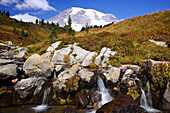 Edith Creek und Mount Raininer, Mount Rainier National Park, Washington, Vereinigte Staaten von Amerika