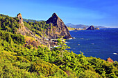 The beauty along the Oregon coast with rugged cliffs,rock formations and bright blue ocean water,Oregon,United States of America