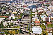 Aerial view of a cityscape of Portland,Oregon with roadways and bridges across the Willamette River,Portland,Oregon,United States of America