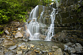 Ein Wasserfall, der über einen felsigen, zerklüfteten Abhang in einen darunter liegenden Bach stürzt, Mount Rainier National Park, Washington, Vereinigte Staaten von Amerika