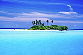 Kleine tropische Insel mit Palmen, umgeben von klarem, türkisfarbenem Wasser und einer Sandbank,Malediven