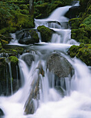 Motion blur of cascading water flowing over moss-covered rocks in a series of waterfalls on Mount Jefferson,Mount Jefferson Wilderness,Oregon,United States of America
