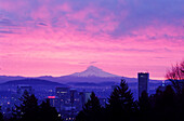 Ein Blick auf Mount Hood von der Innenstadt von Portland mit einem leuchtenden rosa Himmel bei Sonnenaufgang, Portland, Oregon, Vereinigte Staaten von Amerika