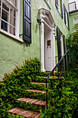 A residential entrance with vines growing up brick steps and a green facade with white trim,Charleston,South Carolina,United States of America